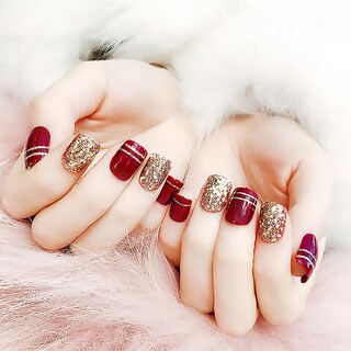 Foto 4 | Uñas Postizas Huoguo Color Rojo Vino Con Purpurina Dorada 24 Unidades - Venta Internacional.
