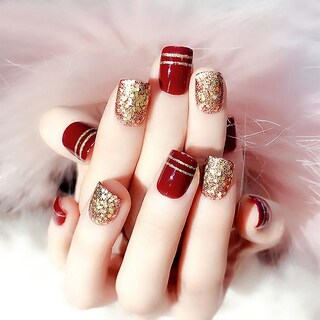 Foto 5 | Uñas Postizas Huoguo Color Rojo Vino Con Purpurina Dorada 24 Unidades - Venta Internacional.