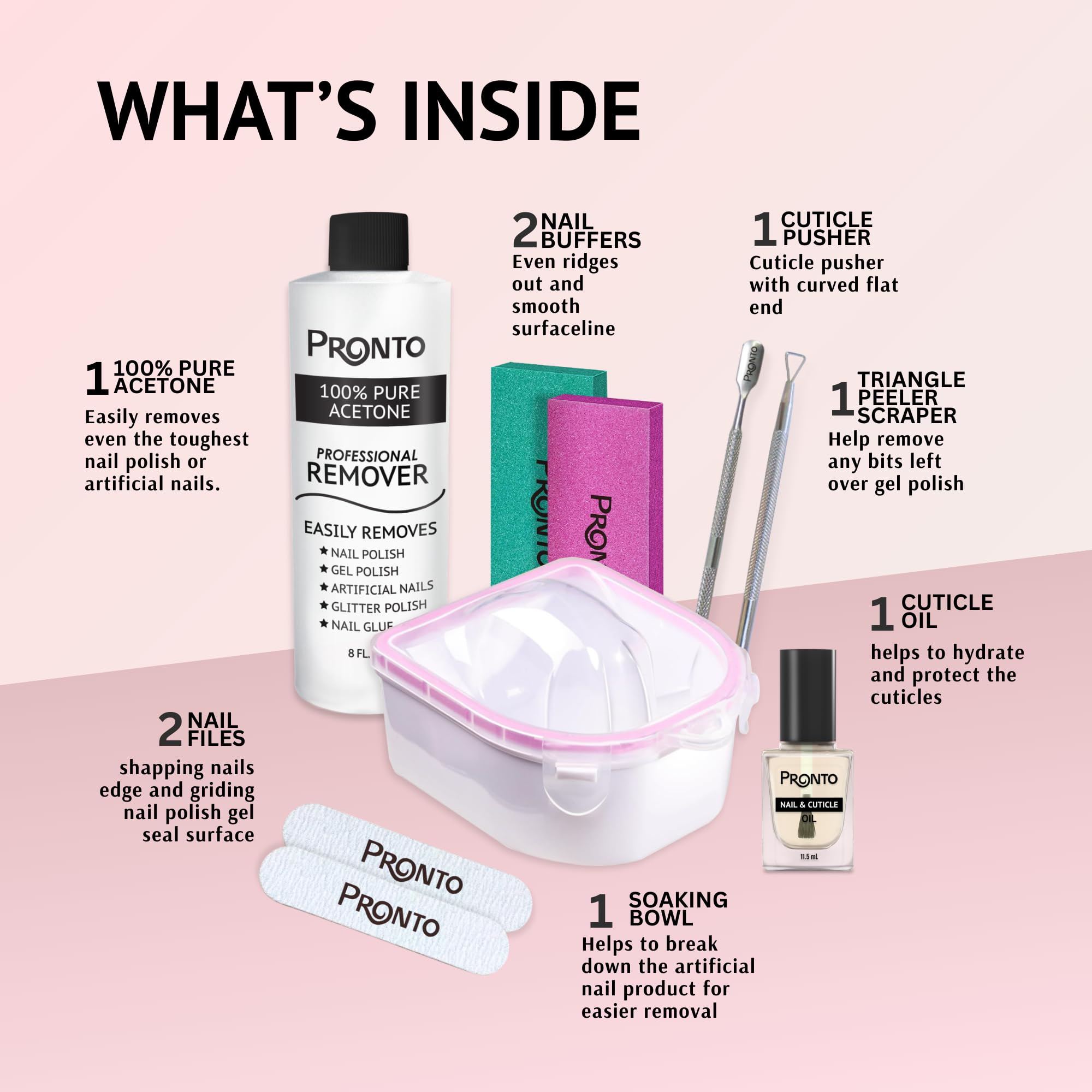 Foto 3 pulgar | Kit Removedor De Uñas Pronto Gel Con 240 Ml De Acetona Pura Y Accesorios - Venta Internacional.