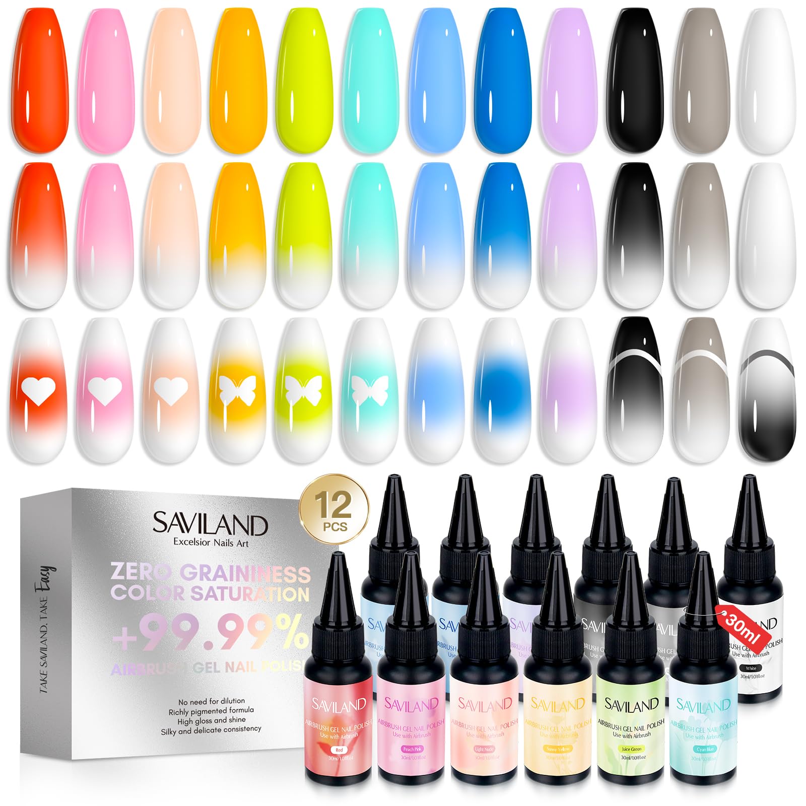 Set De Esmaltes De Uñas En Gel Saviland Airbrush, 12 Colores, 30 Ml, A Base De Agua - Venta Internacional.