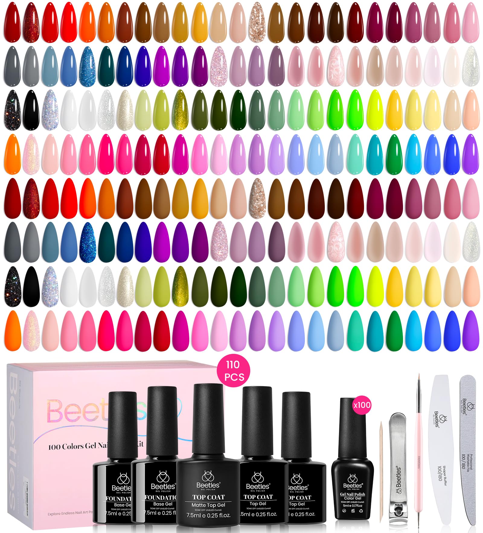 Set De Esmaltes De Uñas En Gel Beetles, 100 Colores Con Capa Base - Venta Internacional.