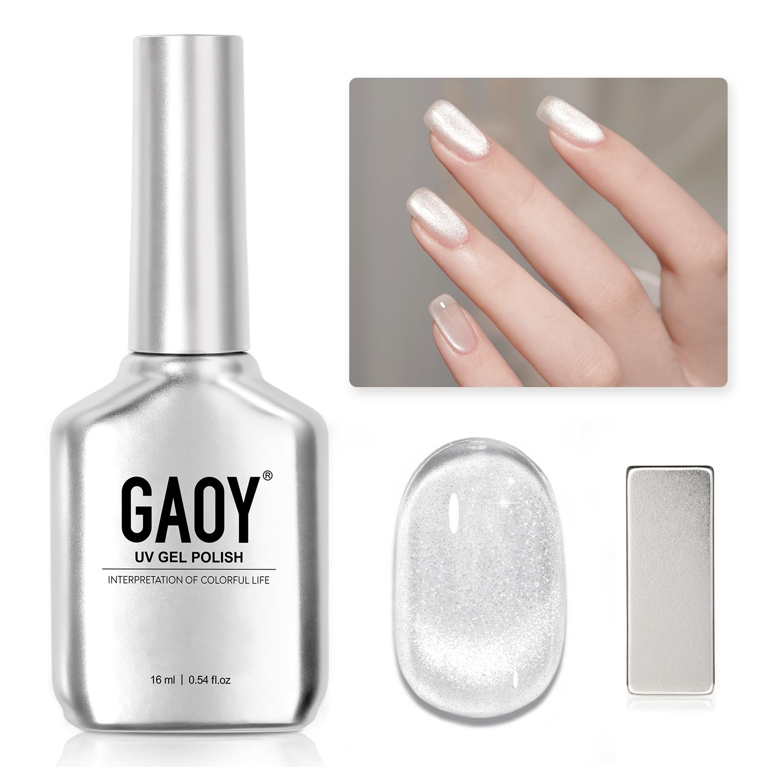 Esmalte De Uñas Gaoy Cat Eye Gel, 16 Ml, Plateado Holográfico Con Imán - Venta Internacional.