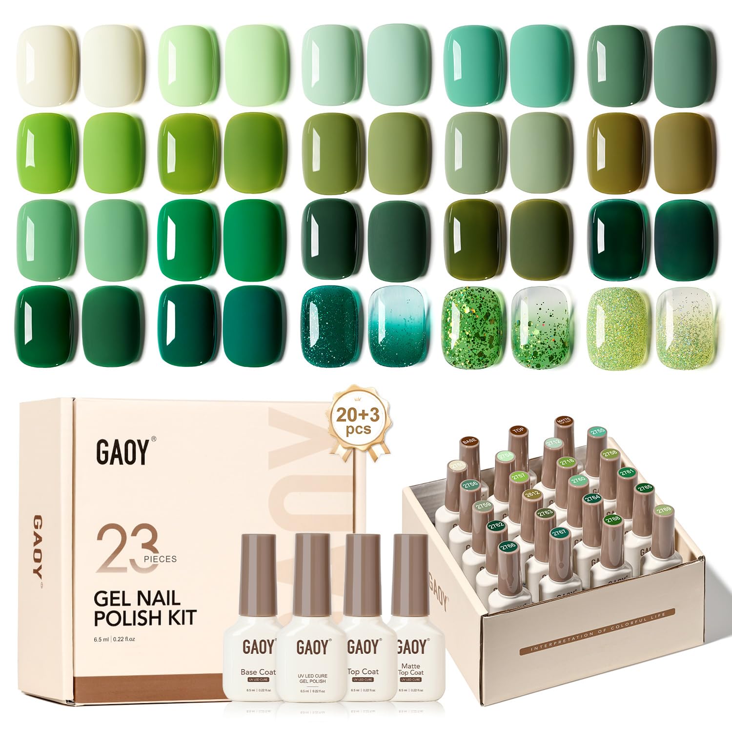 Foto 2 pulgar | Kit De Esmaltes De Uñas En Gel Gaoy, Color Blanco Y Verde, Purpurina, 23 Unidades - Venta Internacional.