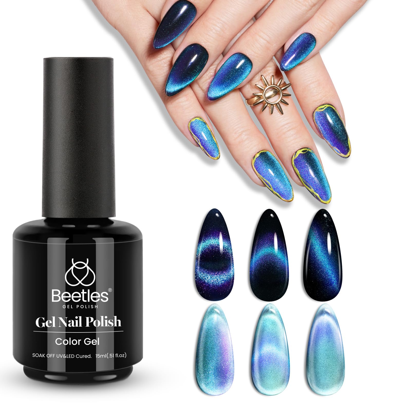 Esmalte De Uñas En Gel Beetles Blue Cat Eye De 15 Ml Con Imán - Venta Internacional.