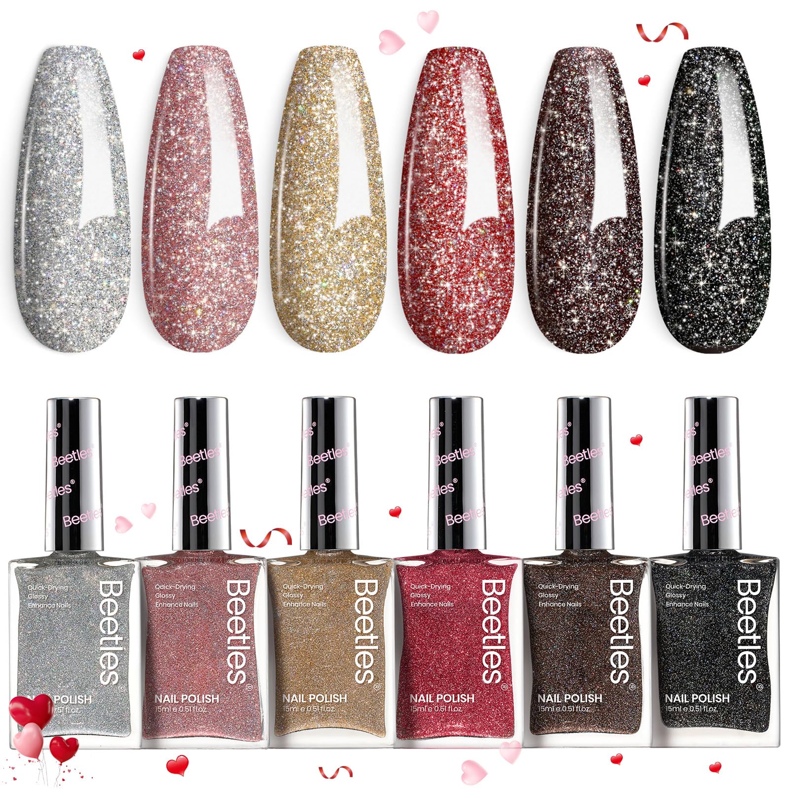 Set De Esmaltes De Uñas Beetles Glitter, 6 Colores, Secado Rápido - Venta Internacional.