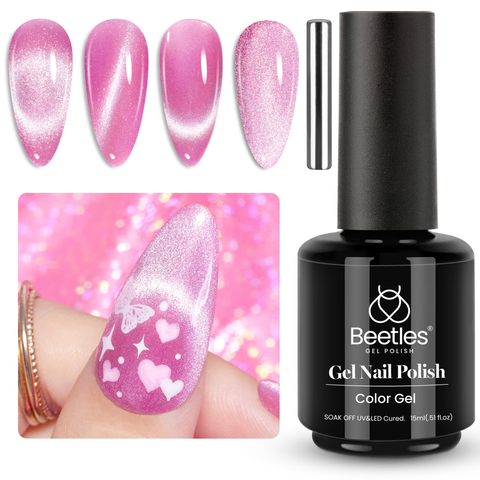 Esmalte De Uñas En Gel Beetles Cat Eye Pink, 15 Ml Con Imán - Venta Internacional.