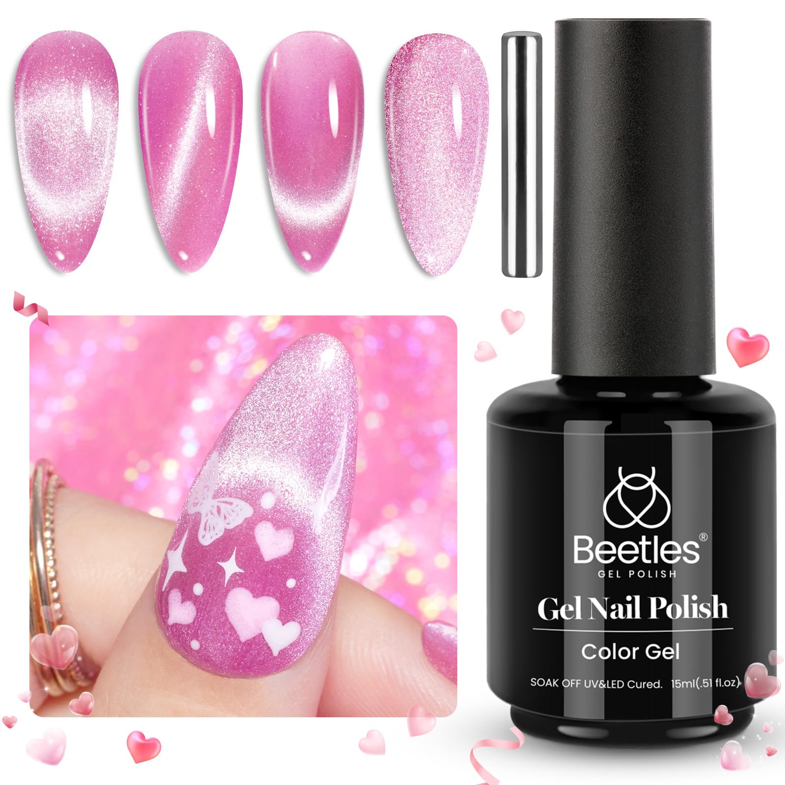 Foto 8 pulgar | Esmalte De Uñas En Gel Beetles Cat Eye Pink, 15 Ml Con Imán - Venta Internacional.