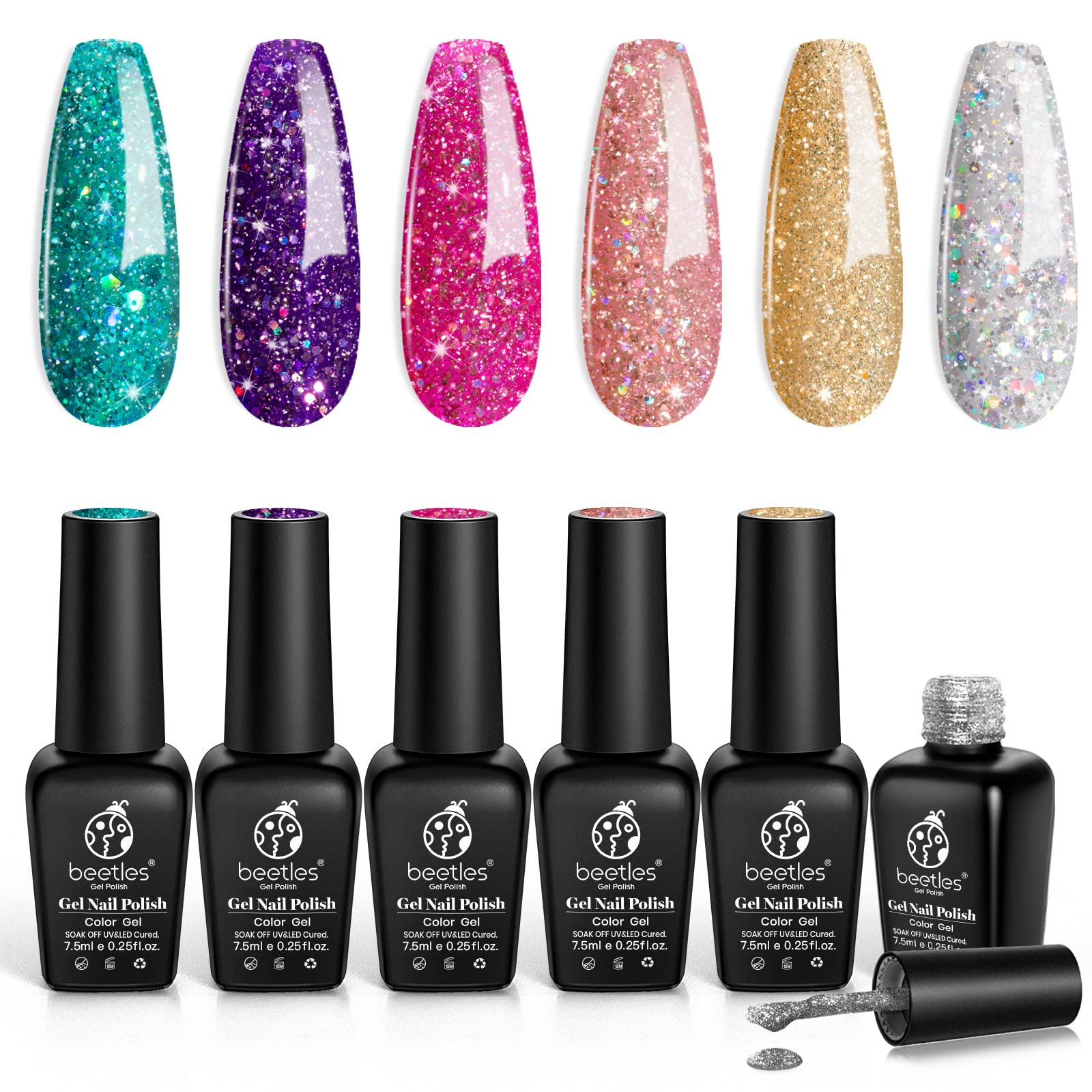 Esmalte De Uñas Con Purpurina Con Forma De Escarabajo, 6 Unidades, Rosa, Plata Y Platino - Venta Internacional.