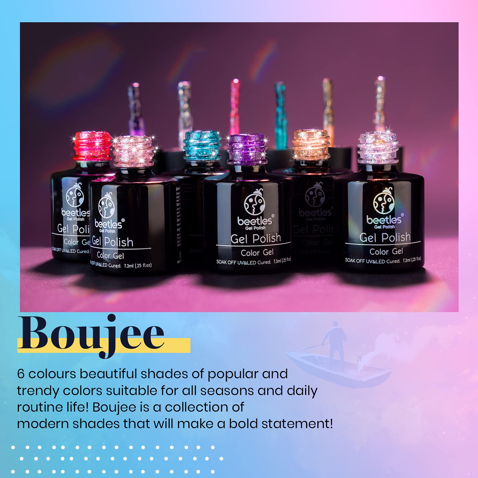 Foto 2 | Esmalte De Uñas Con Purpurina Con Forma De Escarabajo, 6 Unidades, Rosa, Plata Y Platino - Venta Internacional.