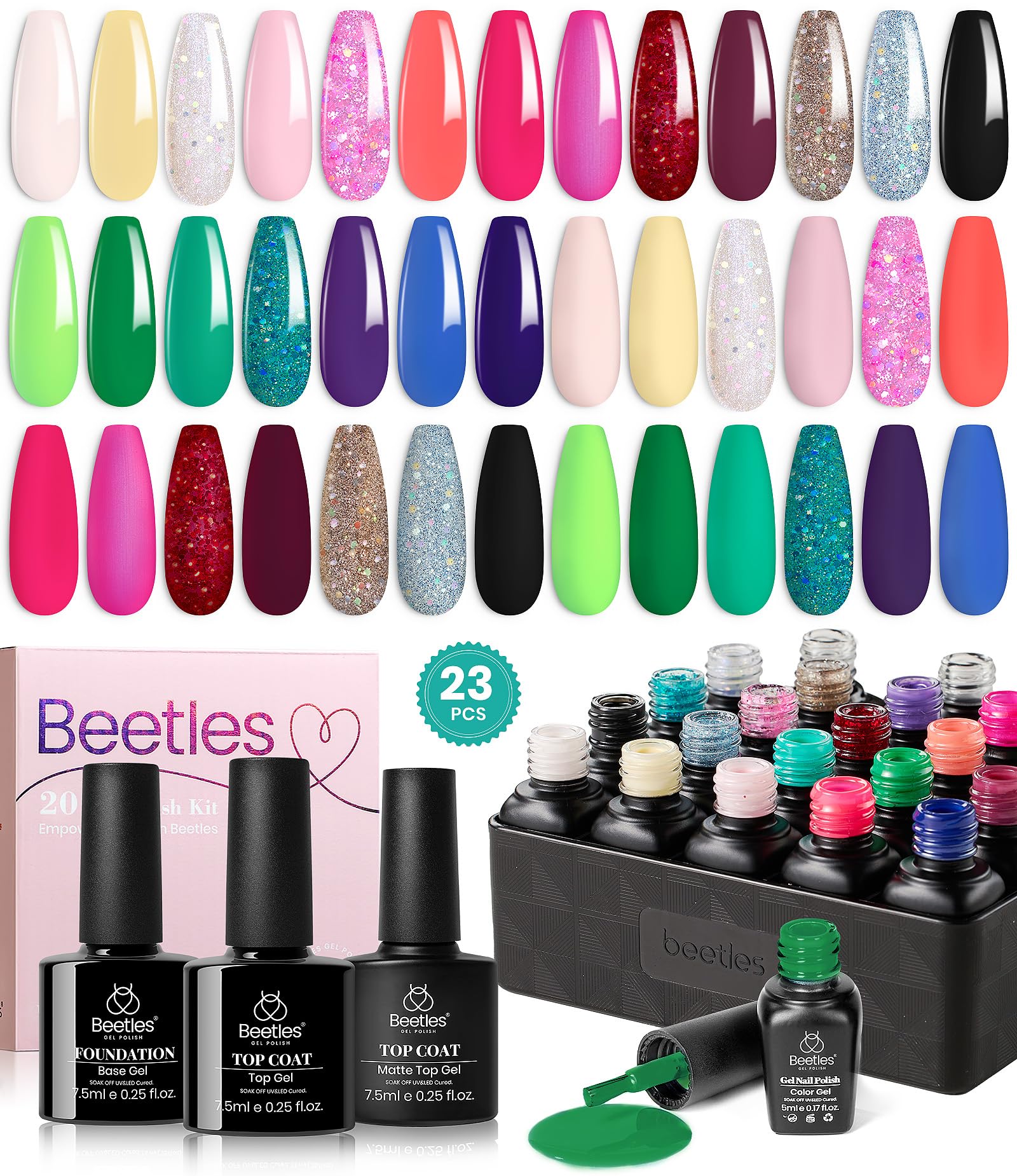 Set De Esmaltes De Uñas Beetles Glitter Gel, 23 Unidades, Con Capa Superior Y Base - Venta Internacional.