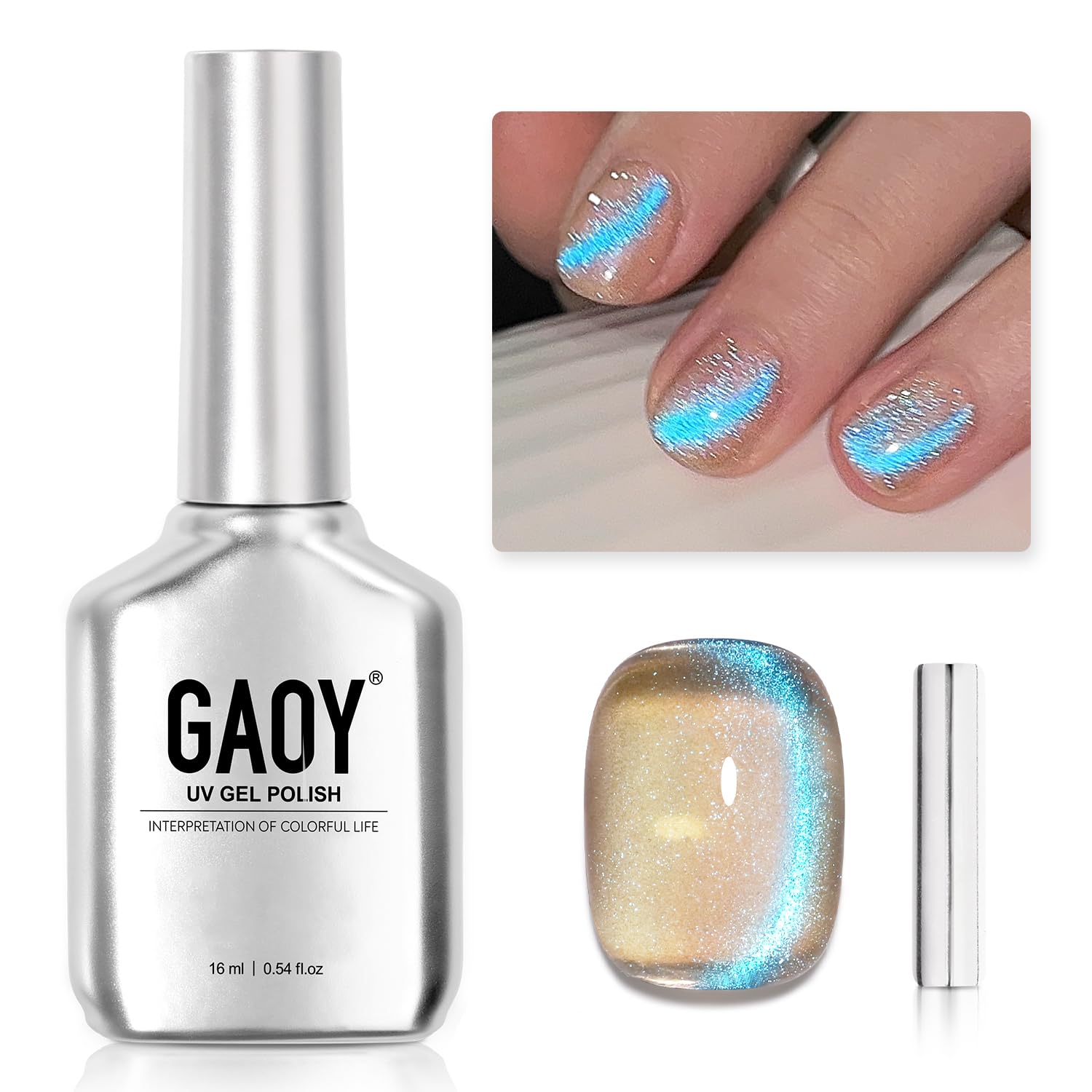 Esmalte De Uñas Gaoy Cat Eye Gel, 16 Ml, Purpurina Azul Con Base Nude - Venta Internacional.