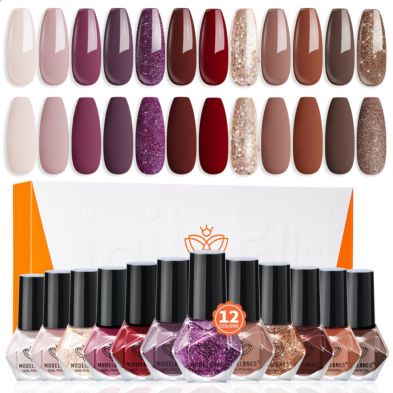 Set De Esmaltes De Uñas Modelones, 12 Colores, Rojo Burdeos Y Dorado - Venta Internacional.