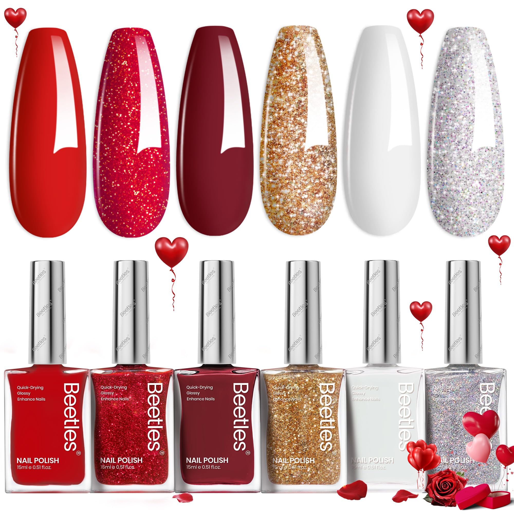 Set De Esmaltes De Uñas Beetles Red Glitter Burgundy, 6 Unidades Para Mujer - Venta Internacional.