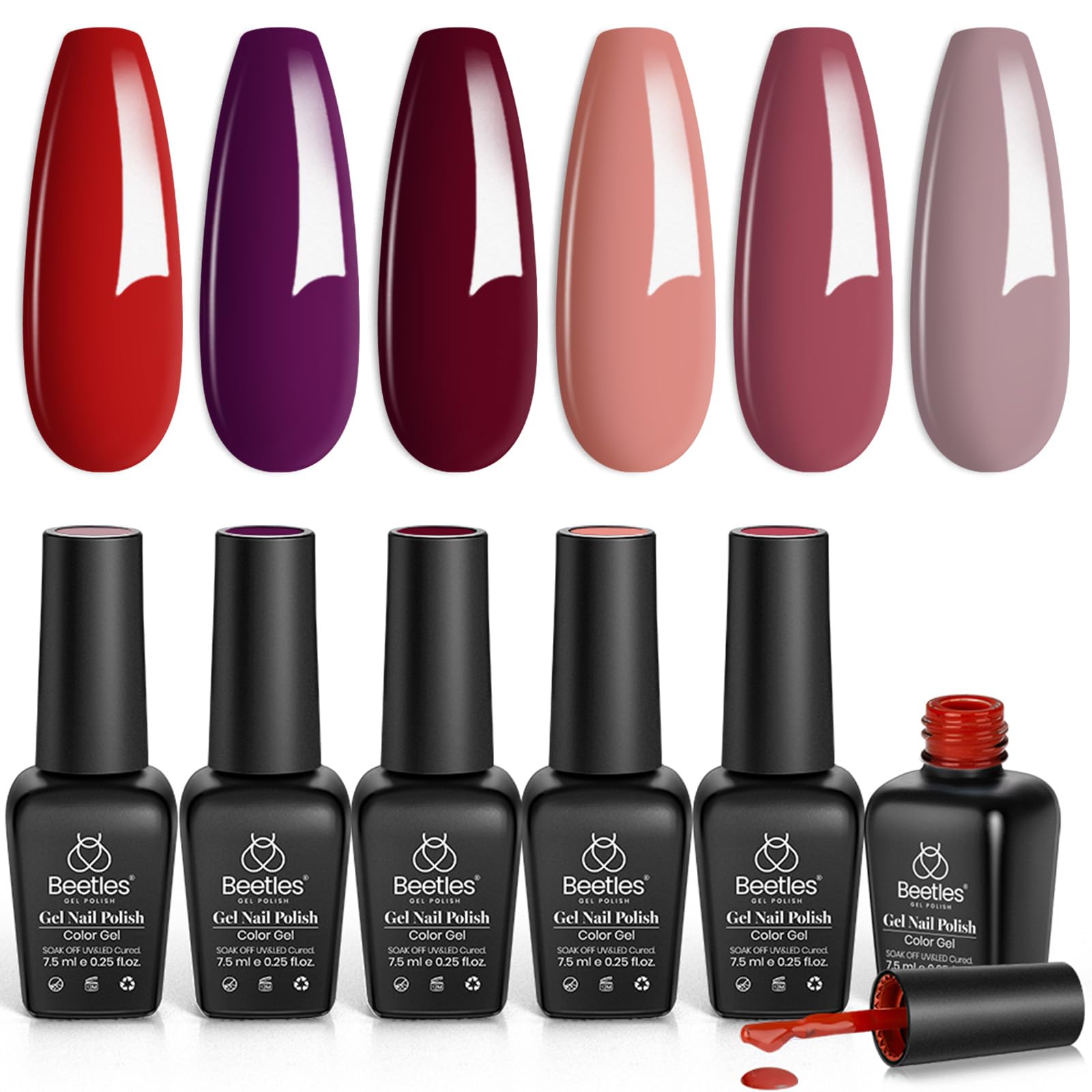 Set De Esmaltes En Gel Beetles, 6 Unidades, Burdeos, Rojo, Morado Y Marrón - Venta Internacional.