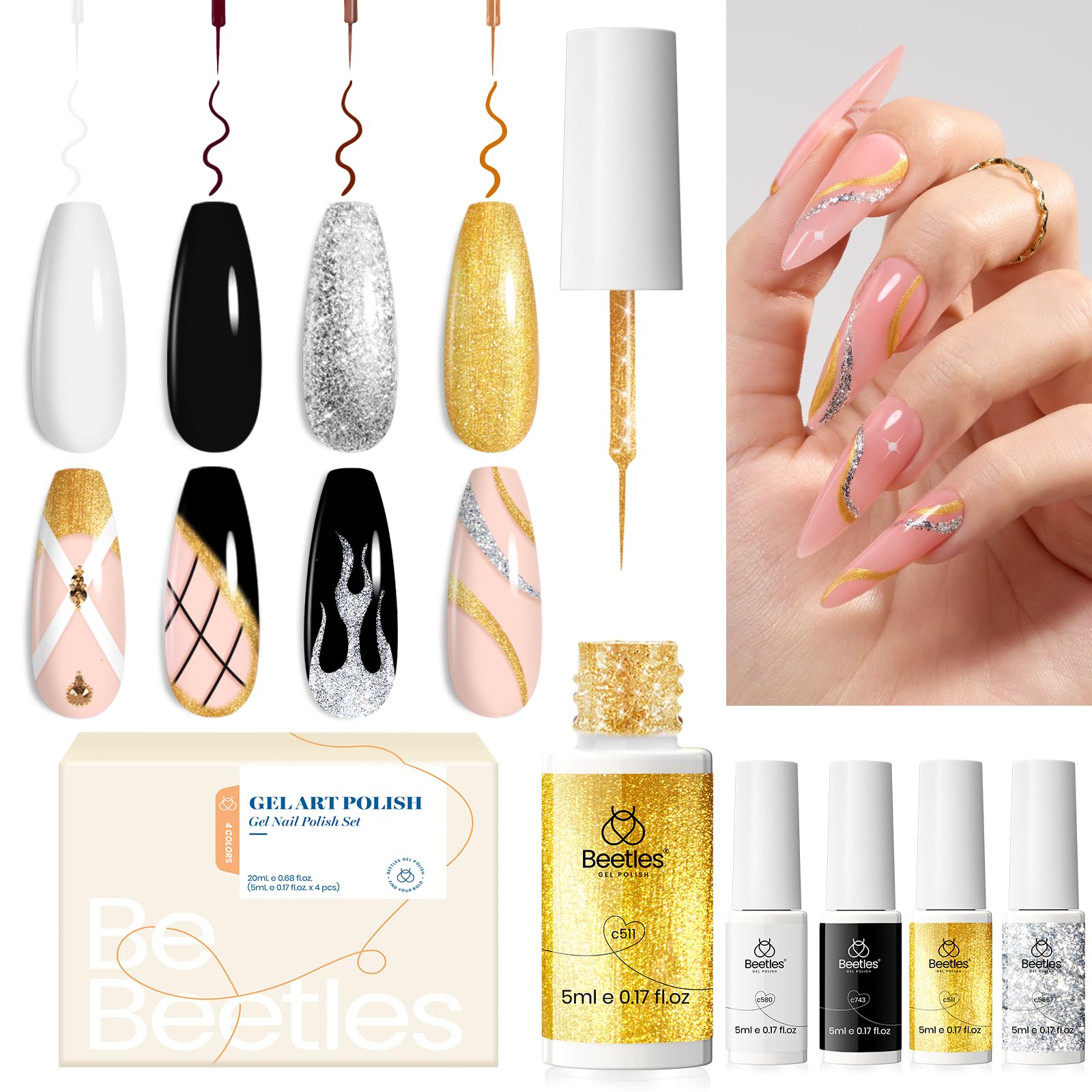 Set De Esmaltes En Gel Nail Art Liner Beetles, 4 Unidades, Colores Clásicos - Venta Internacional.