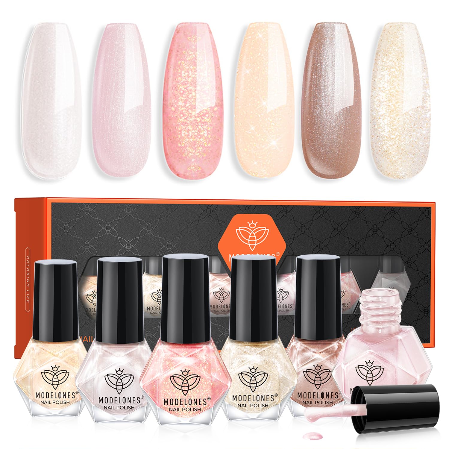 Set De Esmaltes De Uñas Modelones, 6 Colores, Blanco Perla, Rosa Nude - Venta Internacional.