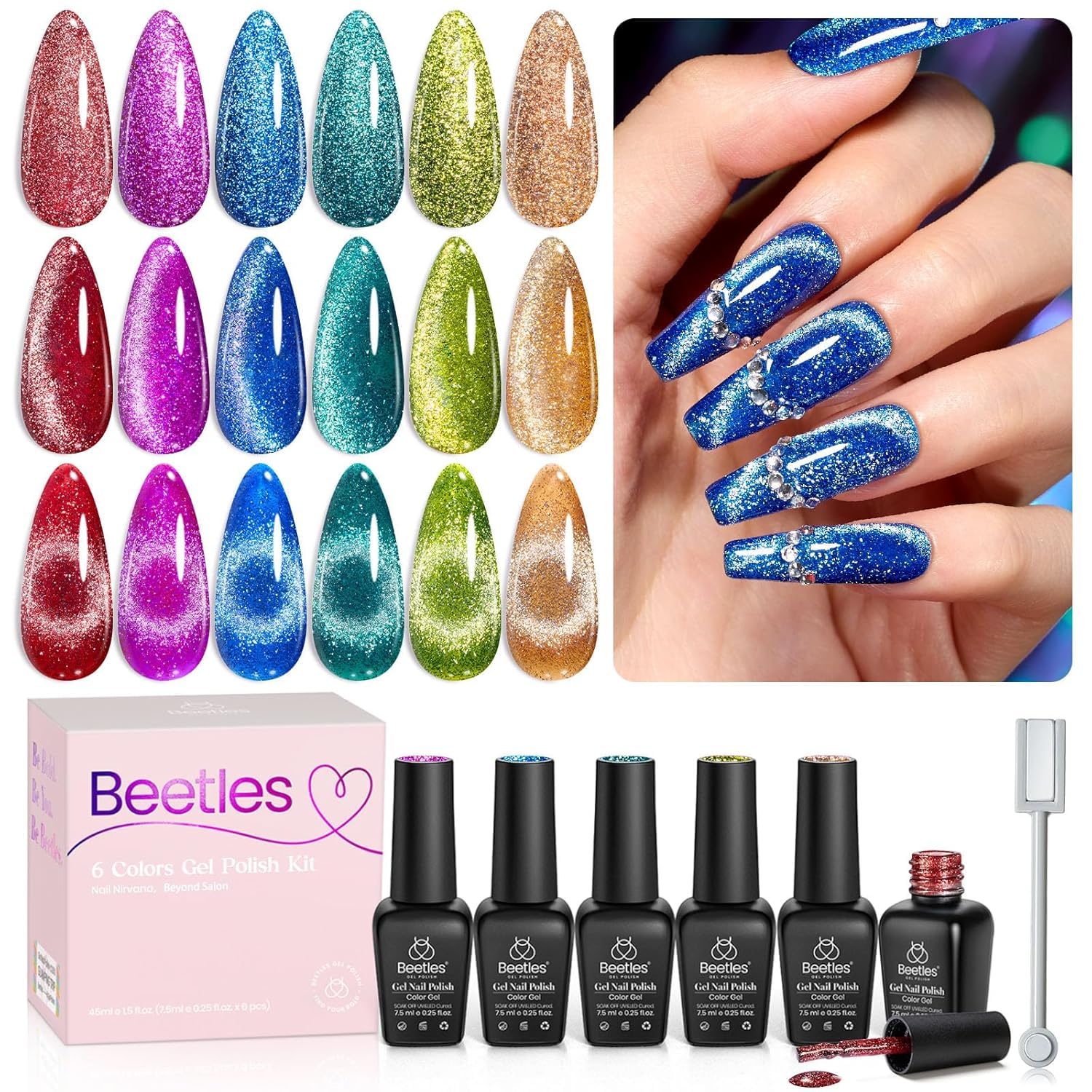 Set De Esmaltes De Uñas En Gel Beetles Cat Eye, 6 Colores, 7,5 Ml, Con Imán - Venta Internacional.