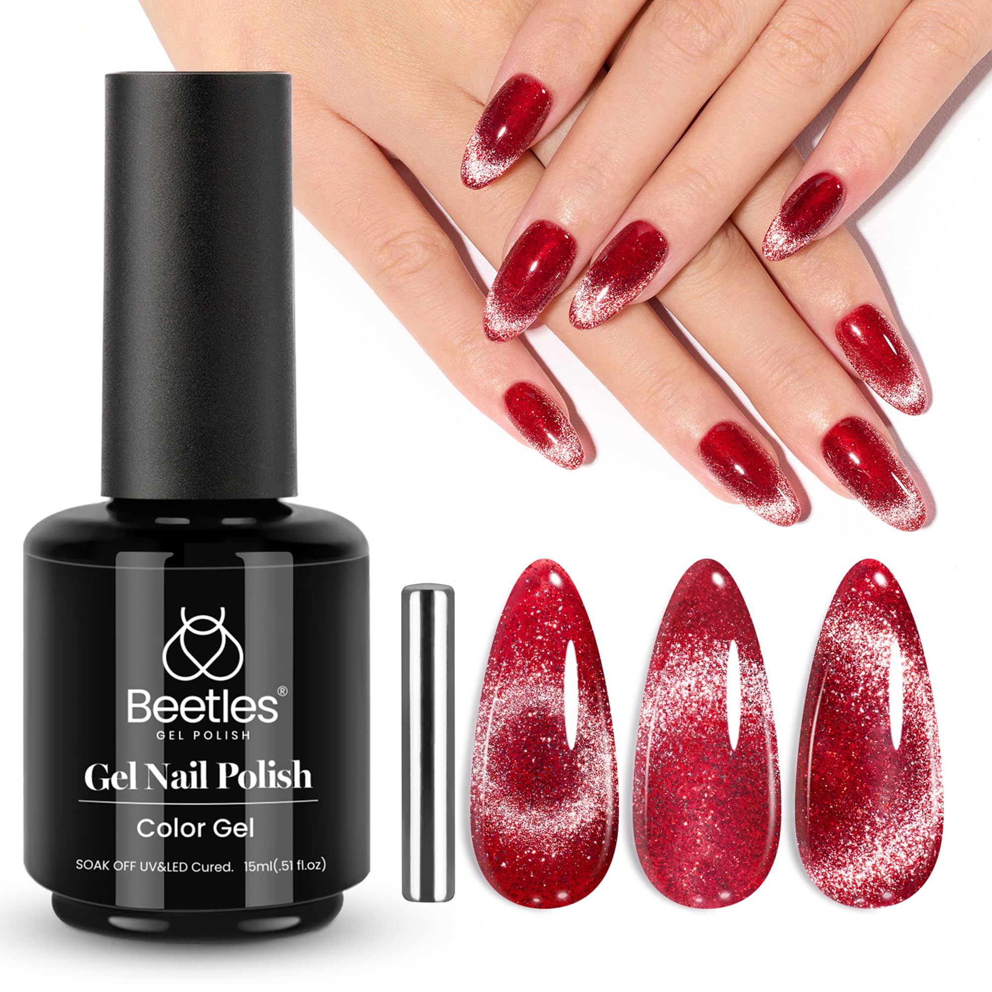 Foto 2 pulgar | Esmalte De Uñas Beetles Red Cat Eye Gel De 15 Ml Con Purpurina Magnética - Venta Internacional.