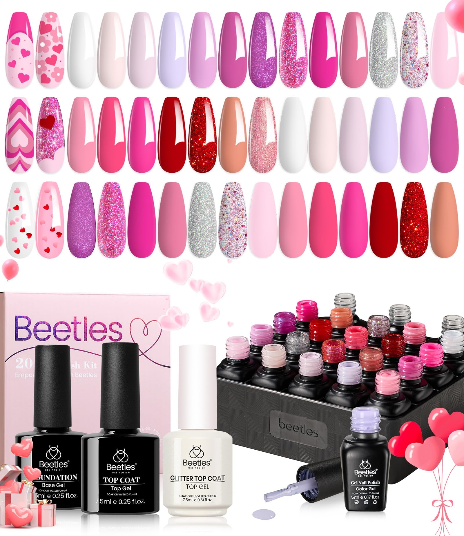 Set De Esmaltes En Gel Beetles Pink, 20 Colores, Rosa Intenso, Seductor - Venta Internacional.