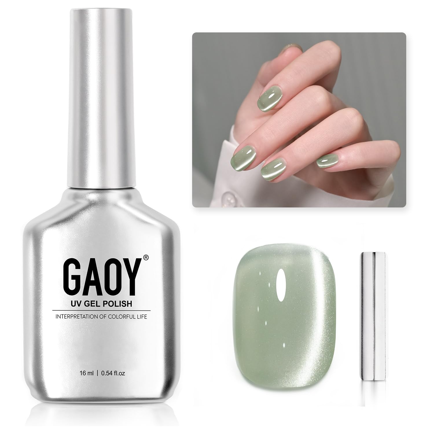 Esmalte De Uñas Gaoy Green Glassy Cat Eye Gel 16 Ml Con Imán 2335 - Venta Internacional.