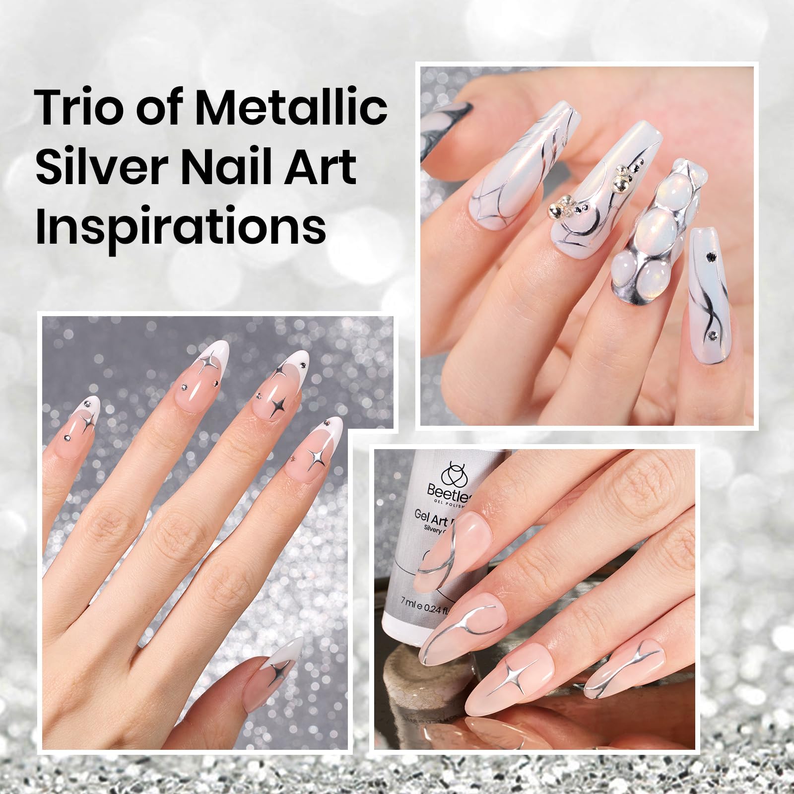 Foto 5 pulgar | Esmalte De Uñas En Gel Beetles Metallic Silver Liner, 7 Ml - Venta Internacional.