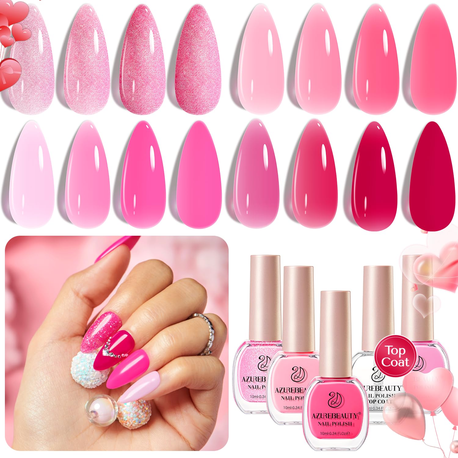 Set De Esmaltes De Uñas Azurebeauty, 4 Colores, Rosa Bebé, Rojo, Purpurina - Venta Internacional.