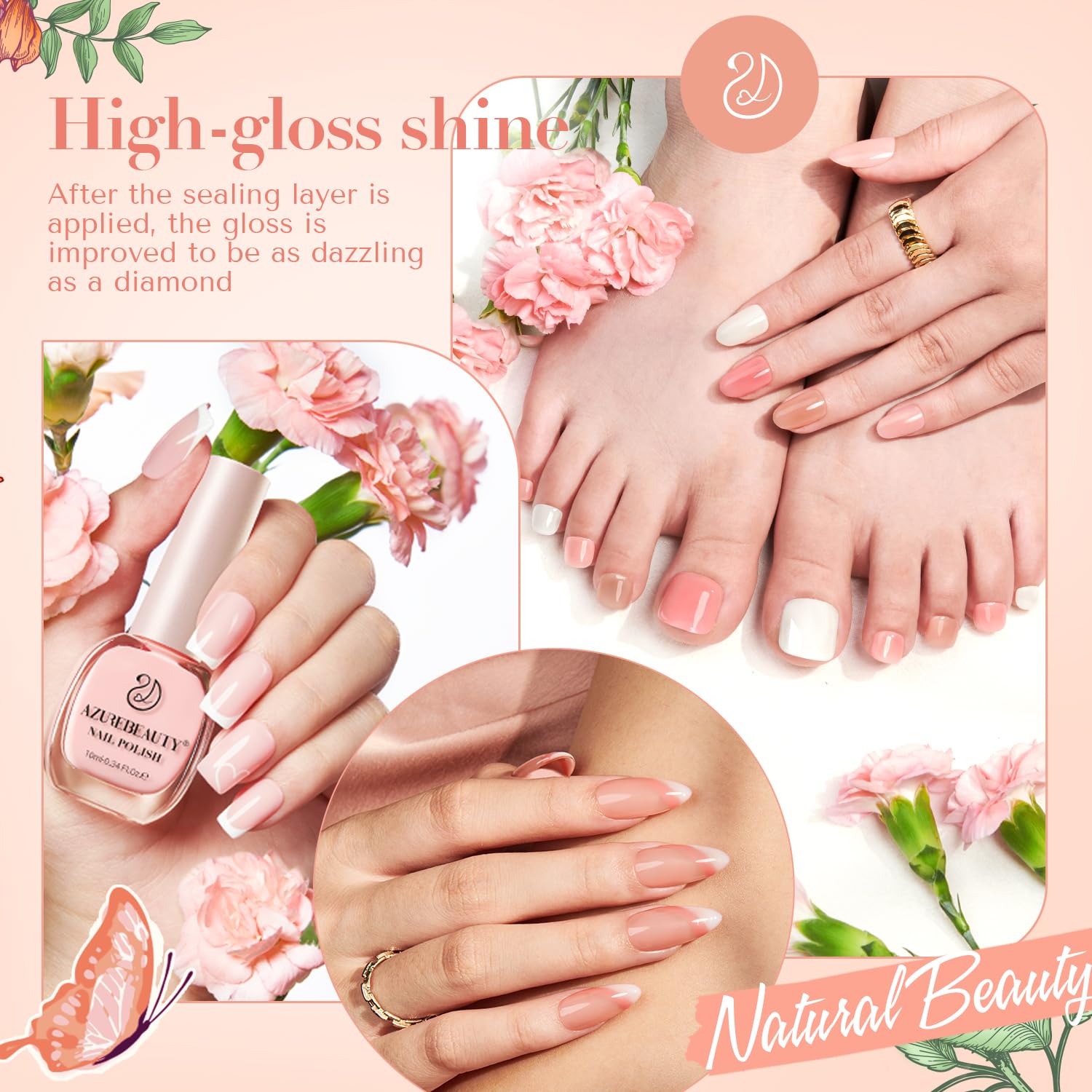 Foto 3 pulgar | Set De Esmaltes De Uñas Azurebeauty Vegan De 4 Colores Con Capa Superior - Venta Internacional.