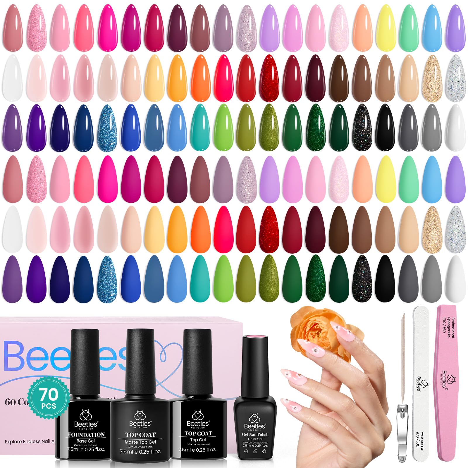 Set De Esmaltes De Uñas En Gel Beetles, 60 Colores, Con Base Y Capa Superior, 70 Unidades - Venta Internacional.