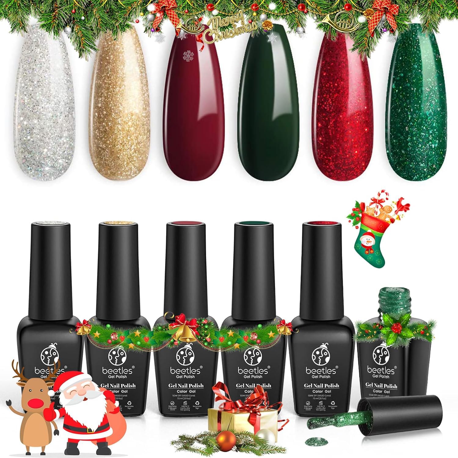 Esmalte De Uñas En Gel Beetles Christmas, Rojo, Verde, Dorado Y Plateado - Venta Internacional.