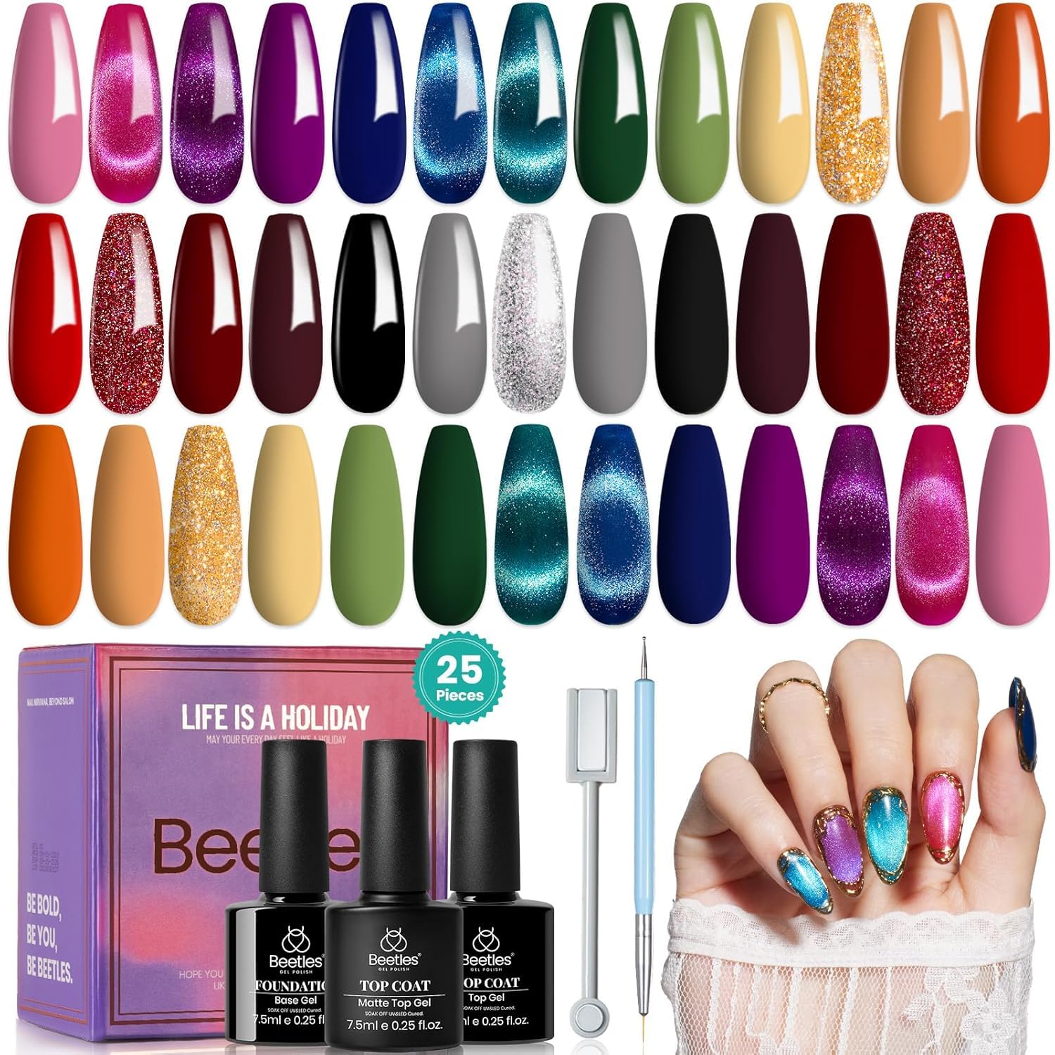 Set De Esmaltes De Uñas Beetles Cat Eye Gel, 20 Colores Con Accesorios - Venta Internacional.