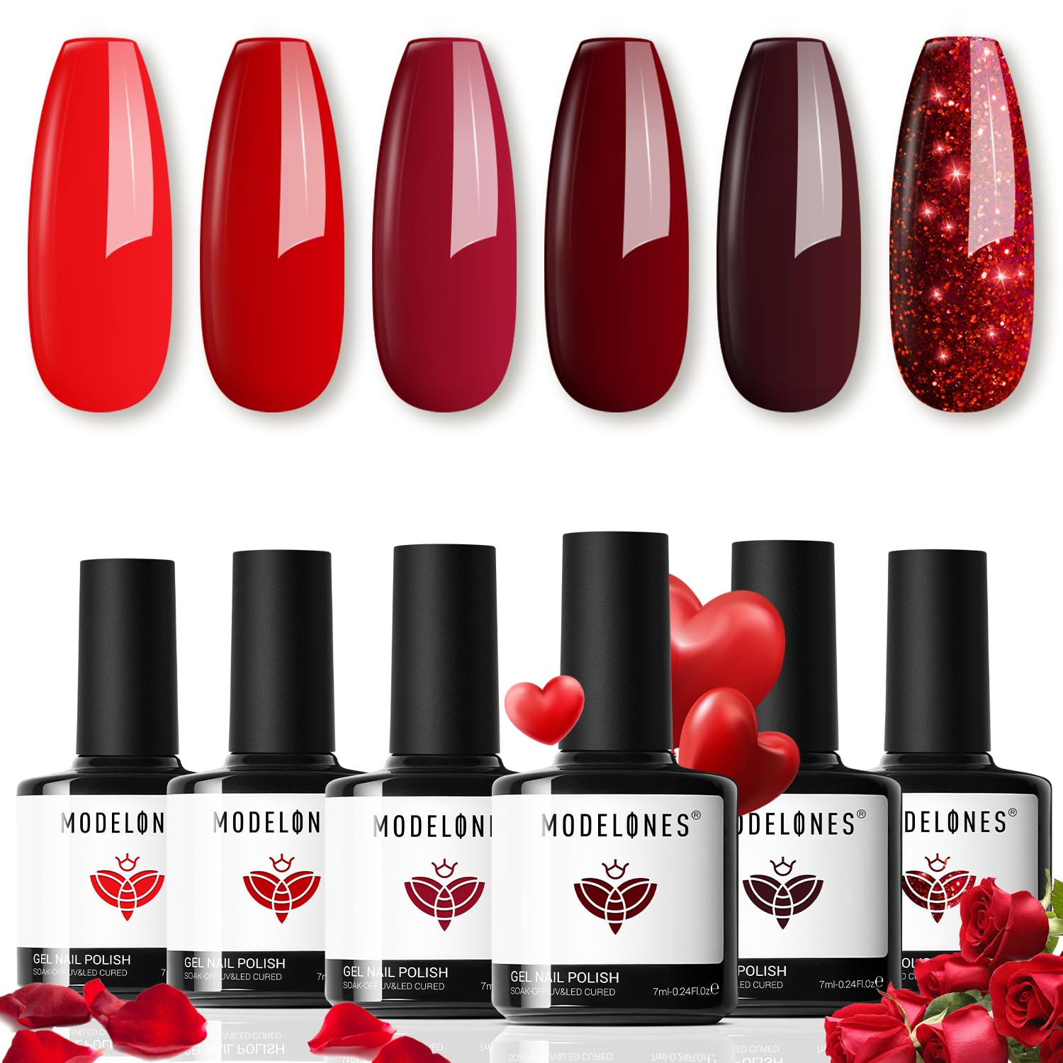 Set De Esmaltes De Uñas En Gel Modelones, 6 Colores Rojos, 7 Ml, San Valentín - Venta Internacional.