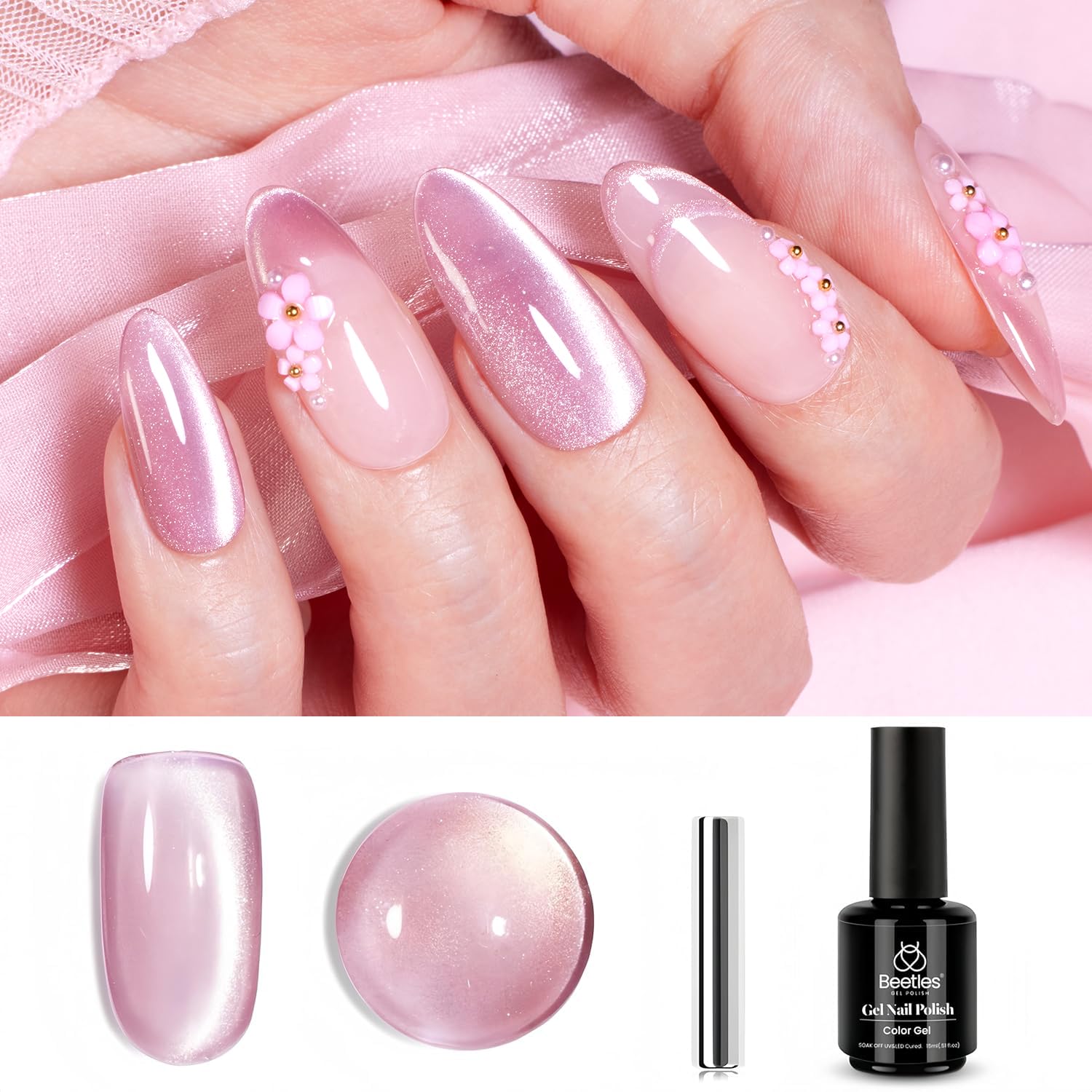 Foto 2 pulgar | Esmalte De Uñas En Gel Beetles Cat Eye Pink, 15 Ml Con Purpurina - Venta Internacional.