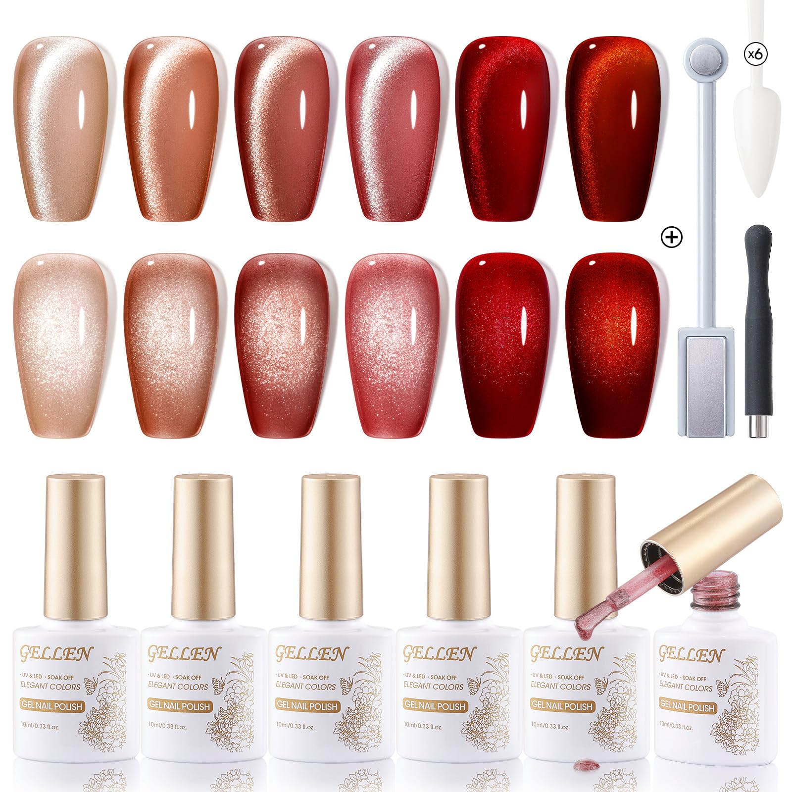Foto 1 | Set De Esmaltes De Uñas En Gel Gellen Glitter Cat Eye, 6 Colores, Rojo - Venta Internacional.