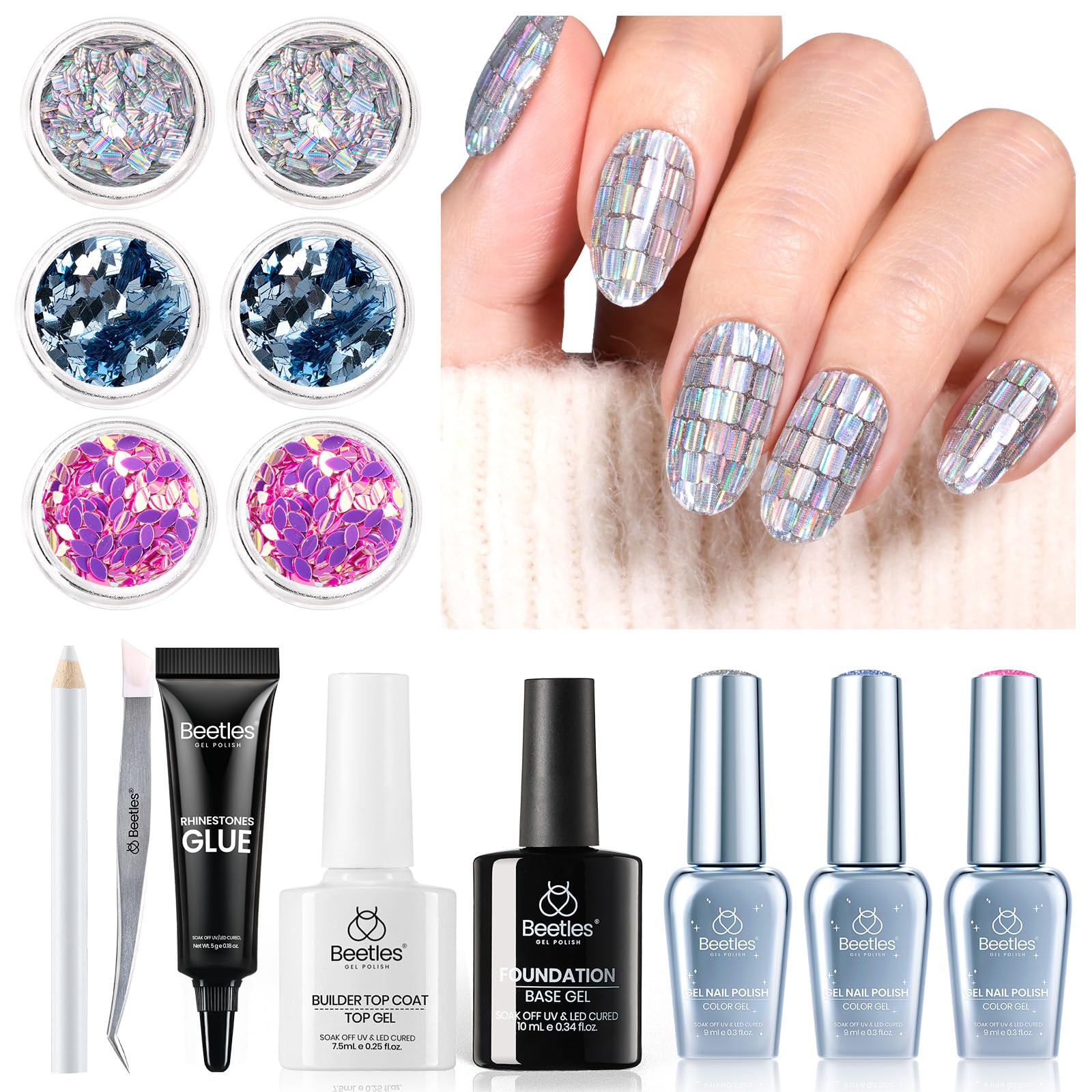 Esmalte De Uñas Beetles X Diy Nail Glitter Rosa, Azul Y Plateado - Venta Internacional.