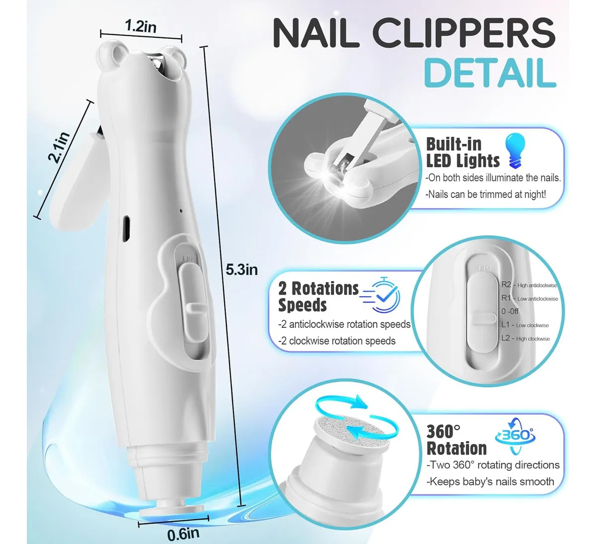 Foto 3 | ''kit Limador Uñas Cortaúñas Para Bebe Eléctrico Belug  Luz Led Blanco ''