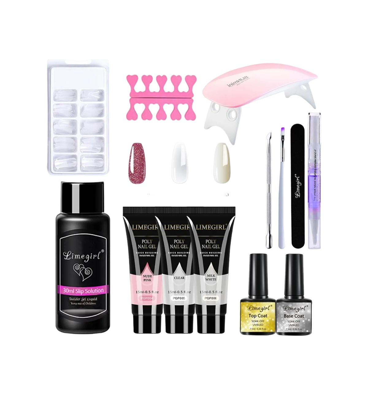 Kit Uñas Polygel + Tips y Lámpara Led Limegirl Geles 01