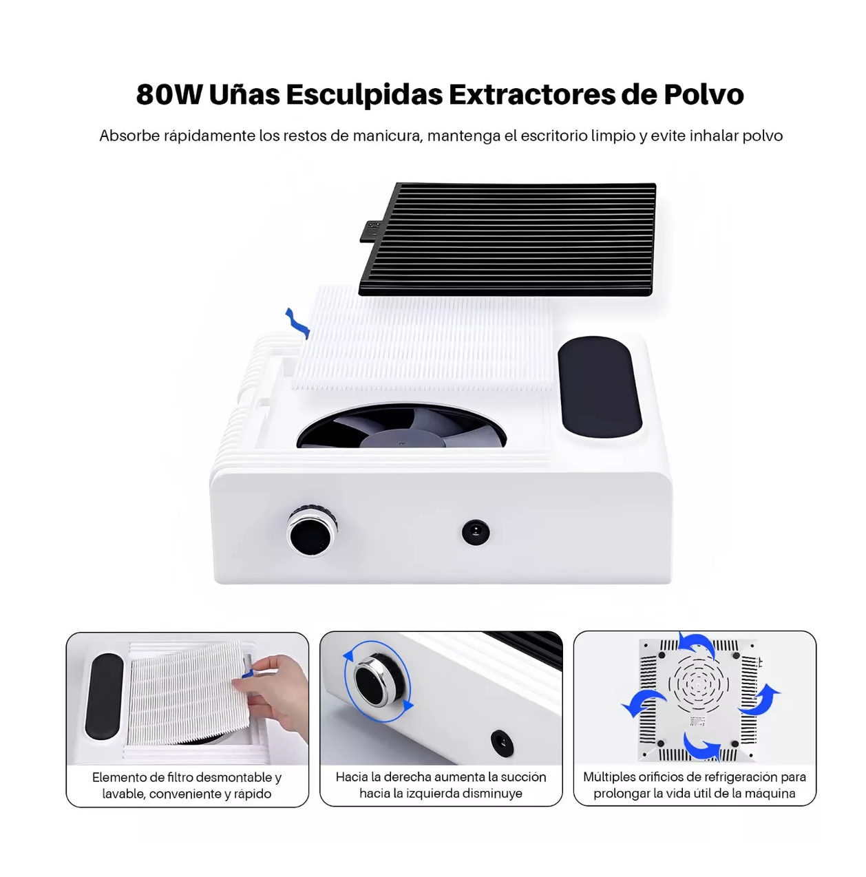 Foto 5 pulgar | Extractor de Polvo de Uñas Profesional 80W con 2 Filtro Blanco