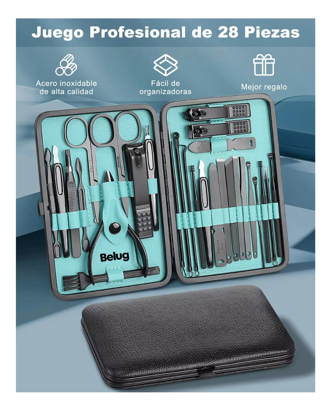 Foto 4 pulgar | Set Manicura Multifuncional 28 Pcs, Belug Estuche Verde/negro