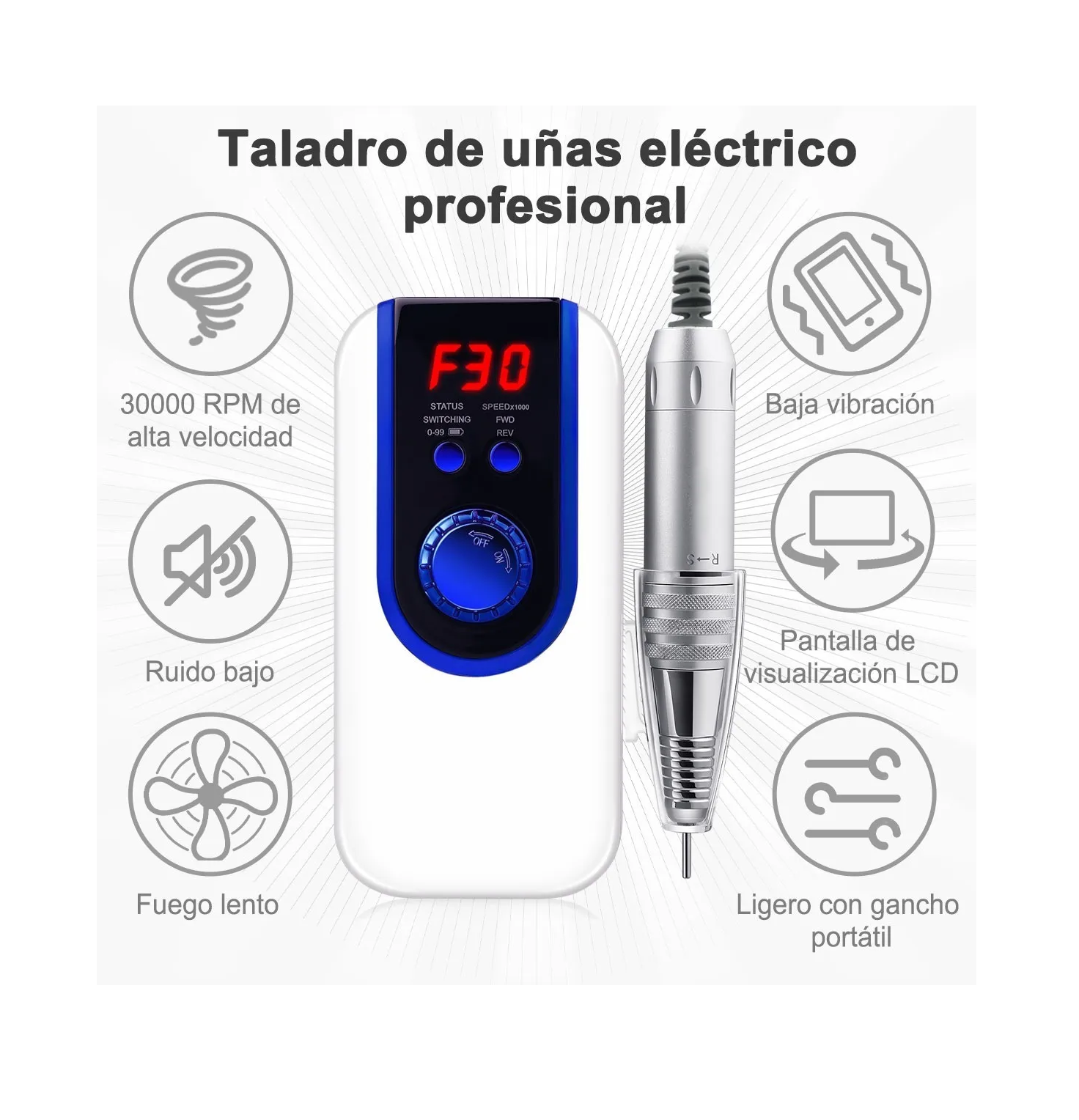 Foto 4 pulgar | Pulidor Esmeril Eléctrico Taladro De Uñas Profesión 30000rpm Malubero color Plateado