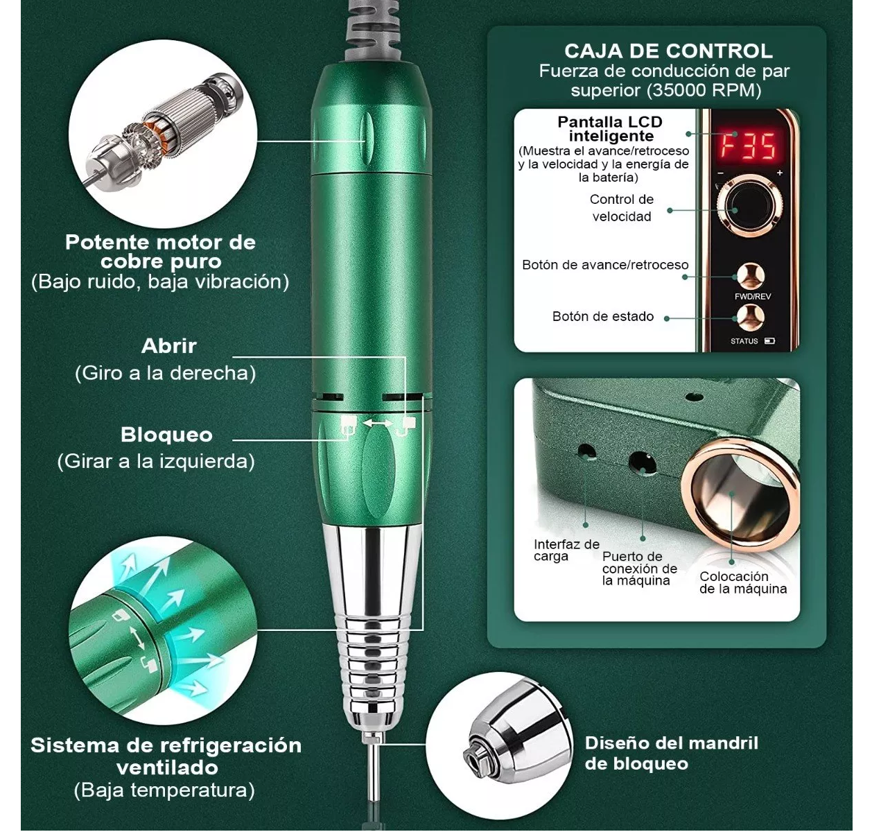 Foto 3 pulgar | Kit Pulidor Esmeril Taladro Para Uñas Profesional 35000rpm Verde