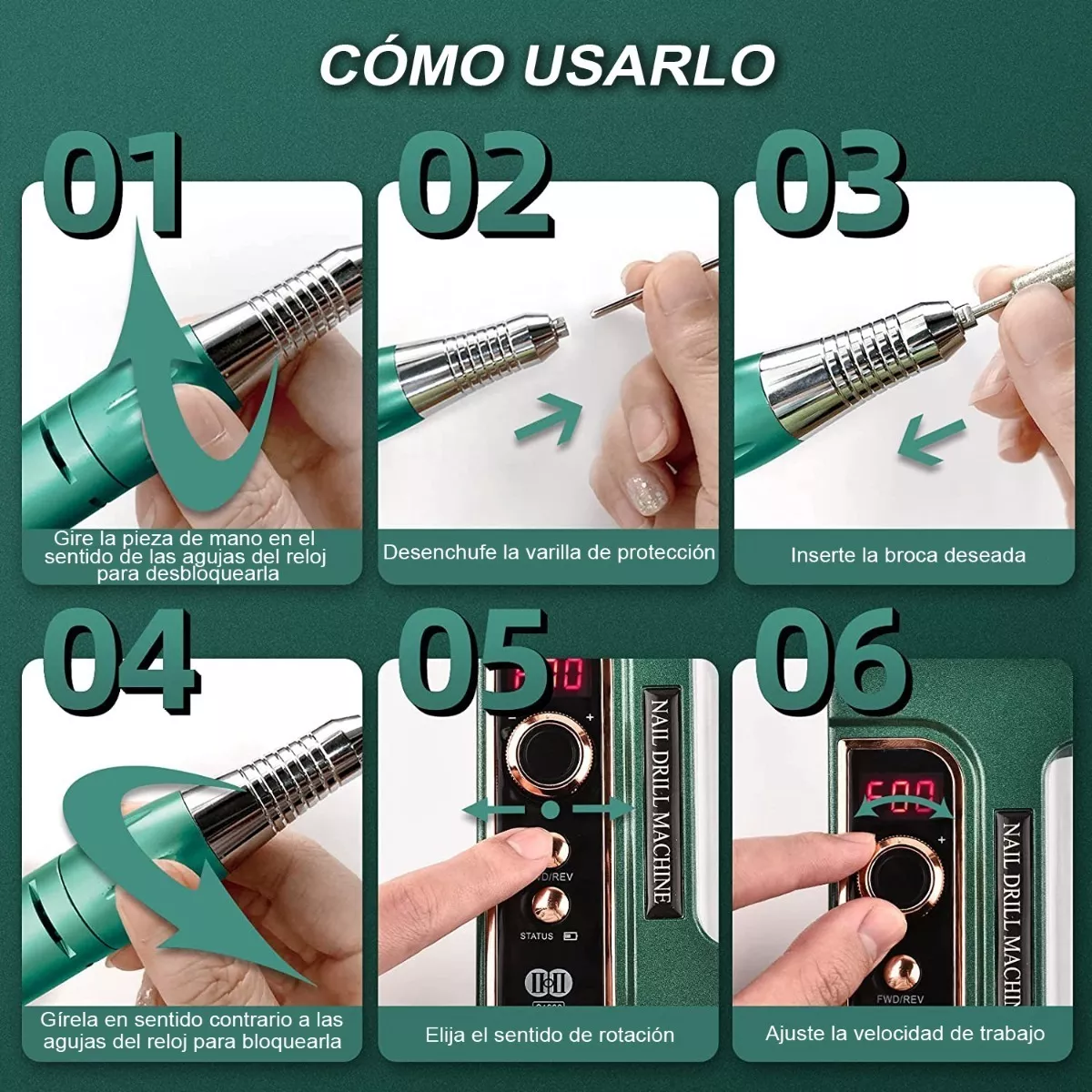 Foto 4 pulgar | Kit Pulidor Esmeril Taladro Para Uñas Profesional 35000rpm Verde