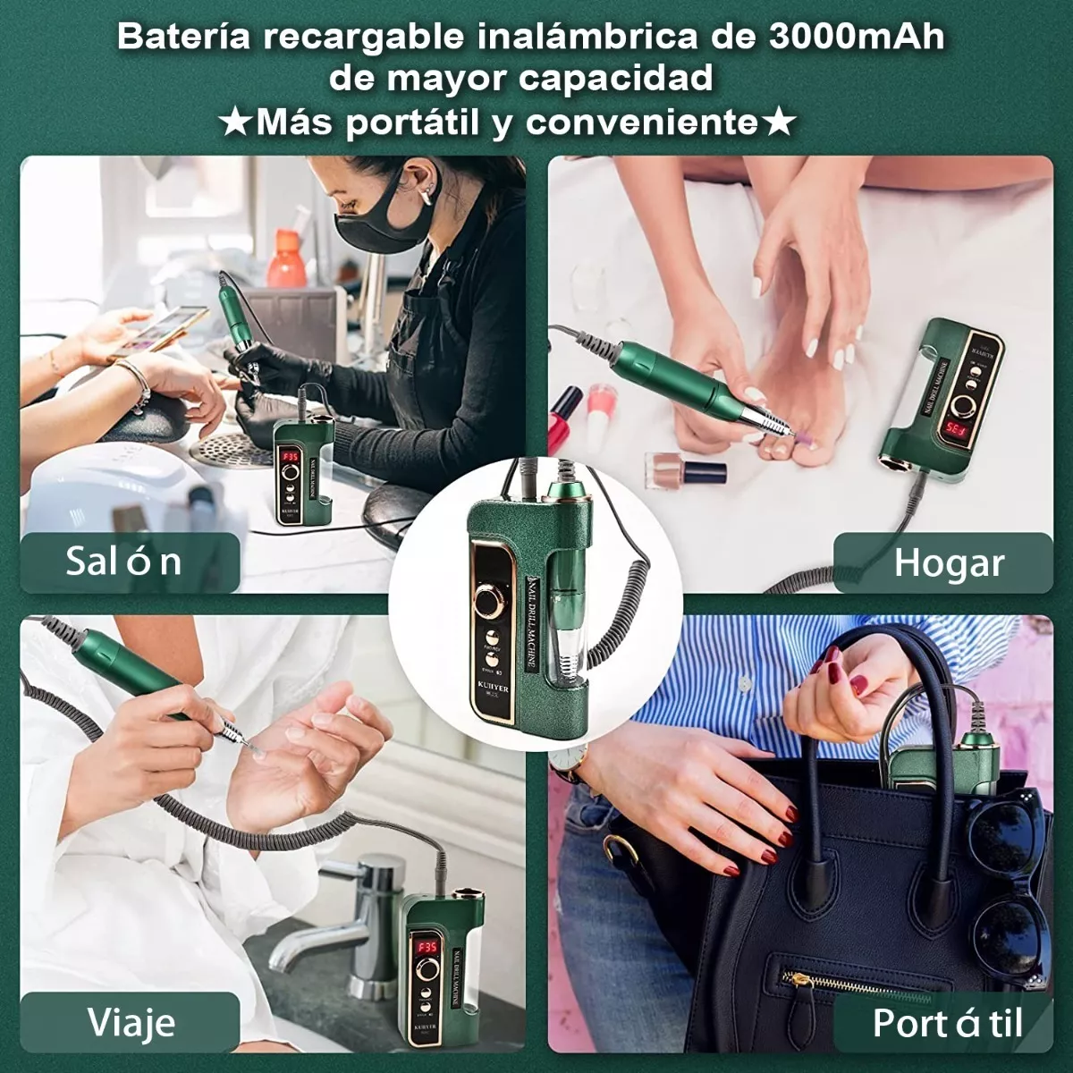 Foto 6 pulgar | Kit Pulidor Esmeril Taladro Para Uñas Profesional 35000rpm Verde