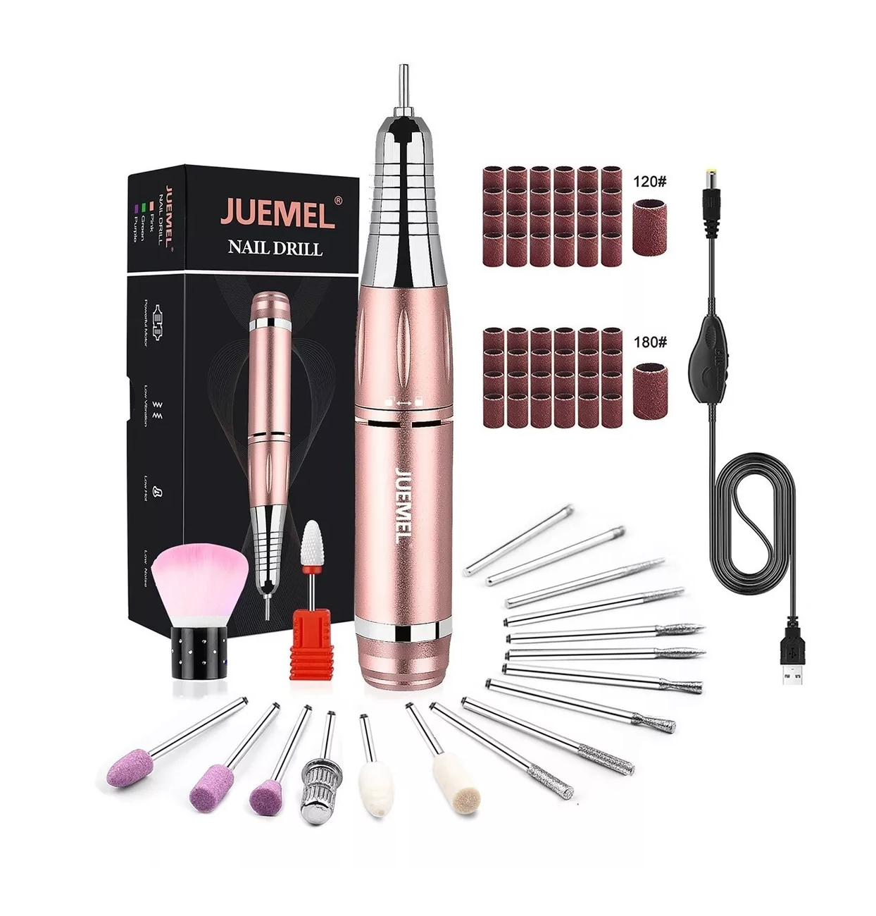 Pulidor Esmeril Taladro Juemel color Rosa Metálico para Uñas Acrilicas 35000rpm 68 PZAS