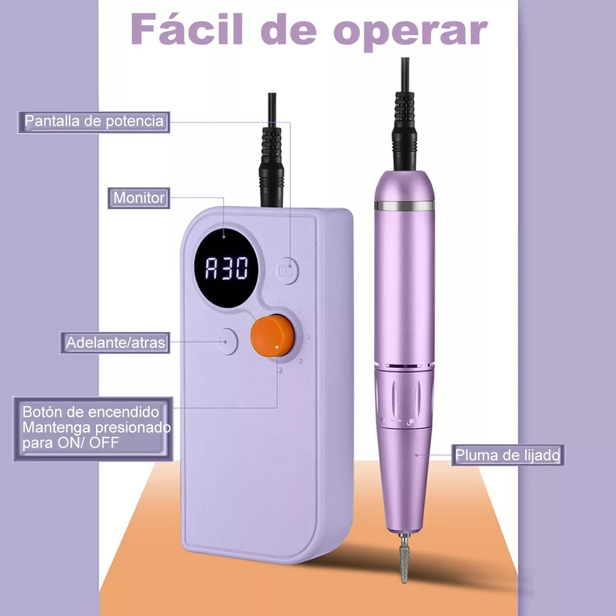 Foto 5 pulgar | Esmeril para Uñas Belug color Púrpura 30000 Rpm + Accesorios