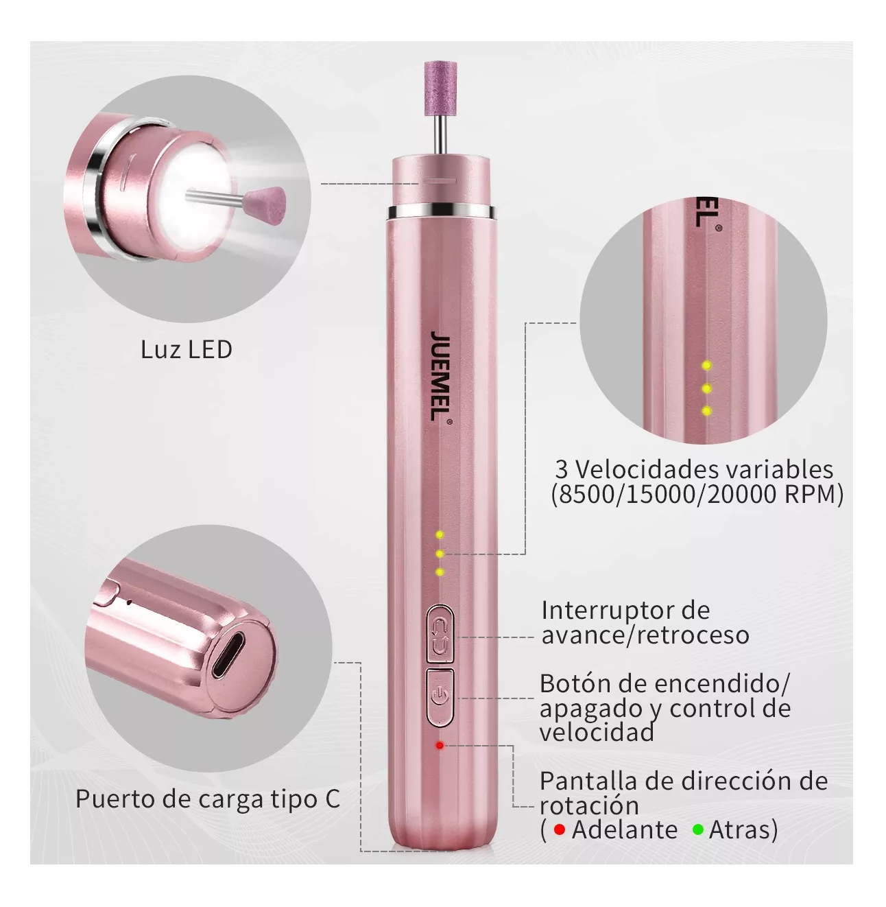 Foto 3 | Esmeril Taladro Pulidor De Uñas Acrilicas Inalámbrico Rosa