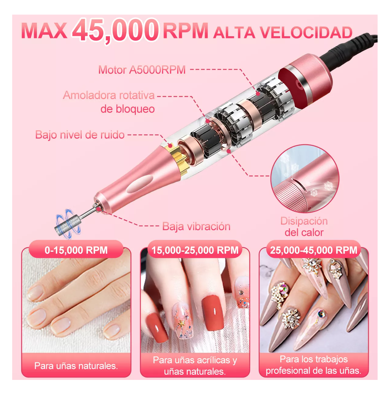 Foto 4 pulgar | Pulidora de Uñas Belug Rosa de 45000 Rpm