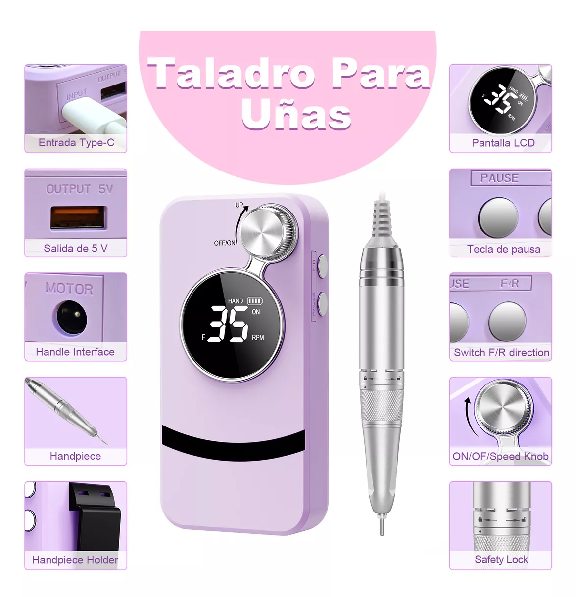 Foto 3 | Pulidor Esmeril para Uñas Taladro 45000 rpm Recargable Dril Morado