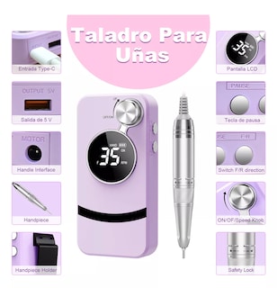 Foto 3 | Pulidor Esmeril para Uñas Taladro 45000 rpm Recargable Dril Morado