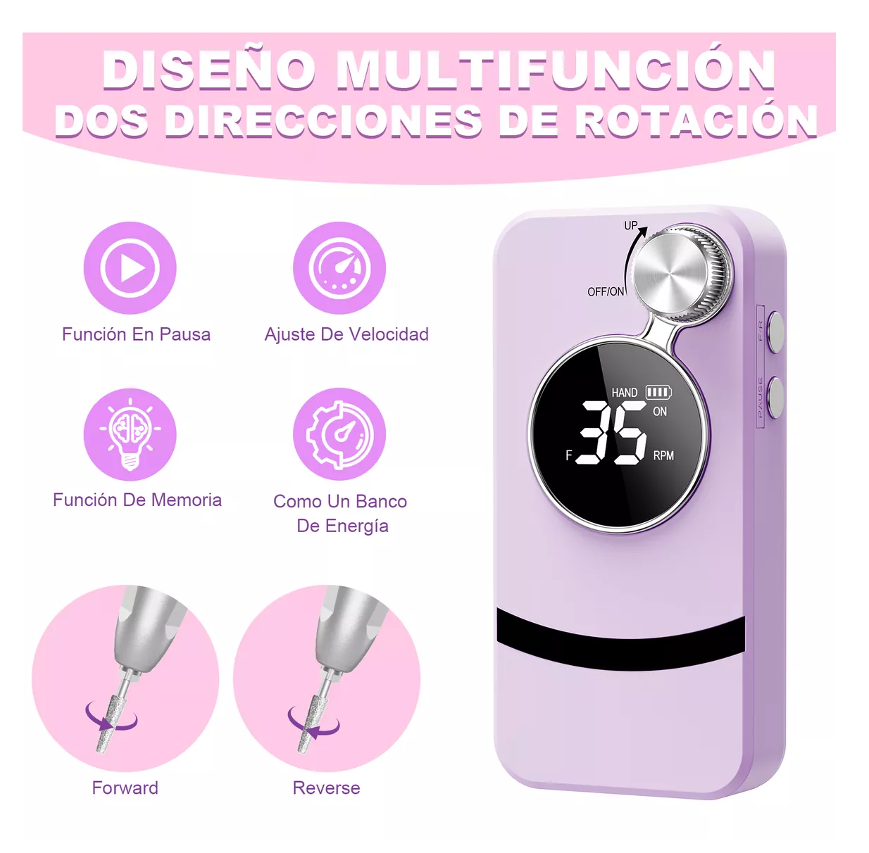 Foto 5 | Pulidor Esmeril para Uñas Taladro 45000 rpm Recargable Dril Morado