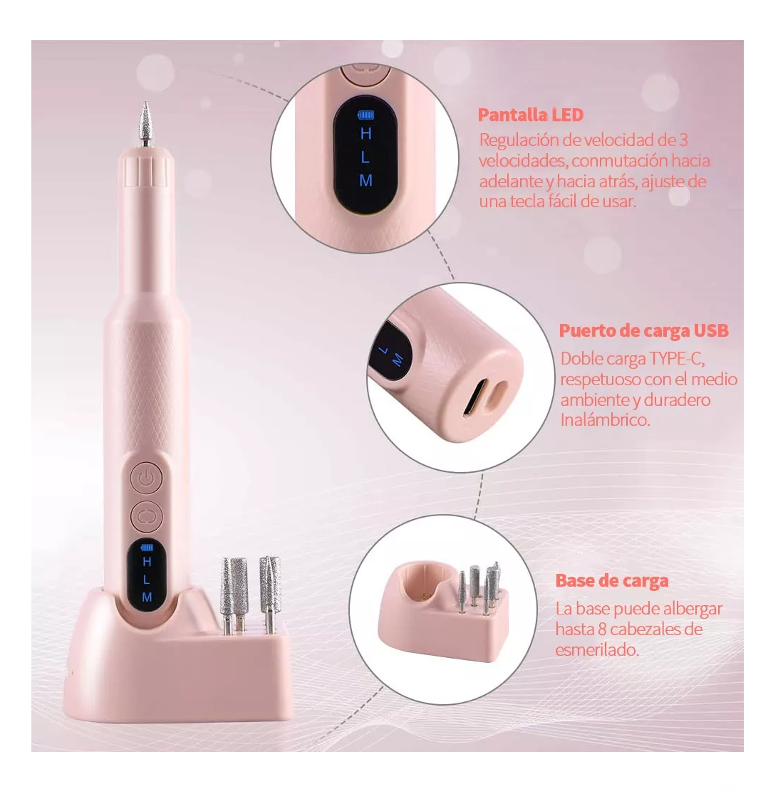 Foto 4 pulgar | Pulidor Esmeril de Uñas Belug Inalámbrico Rosa